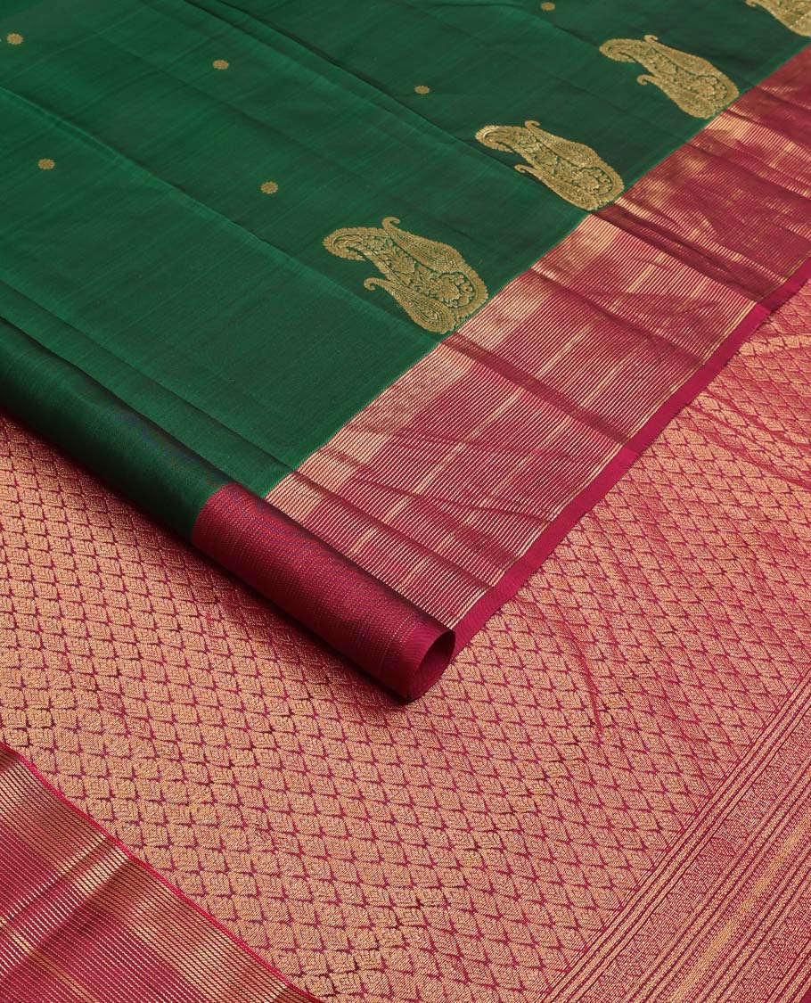 Green zari buttas and manga buttas Vasundhara silk mix saree, contrast zari striped border, and jaal pallu