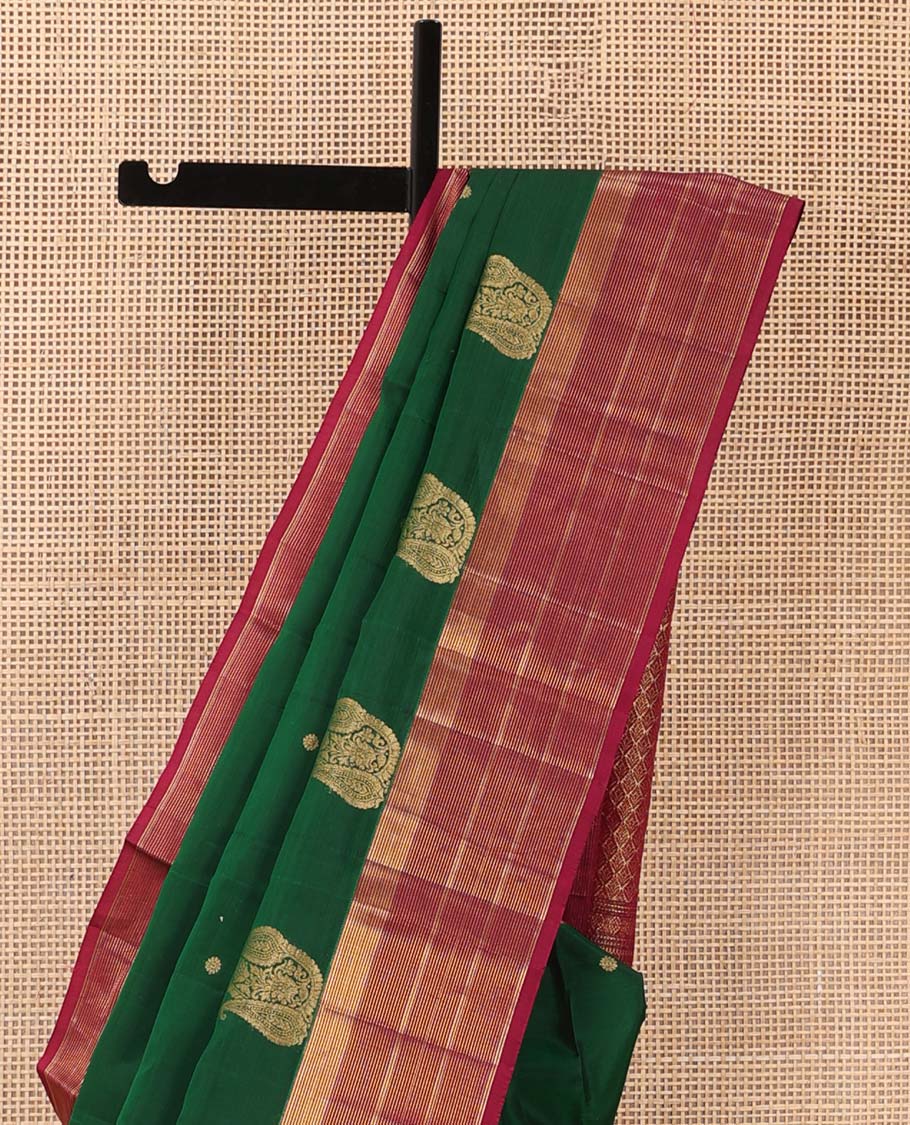 Green zari buttas and manga buttas Vasundhara silk mix saree, contrast zari striped border, and jaal pallu
