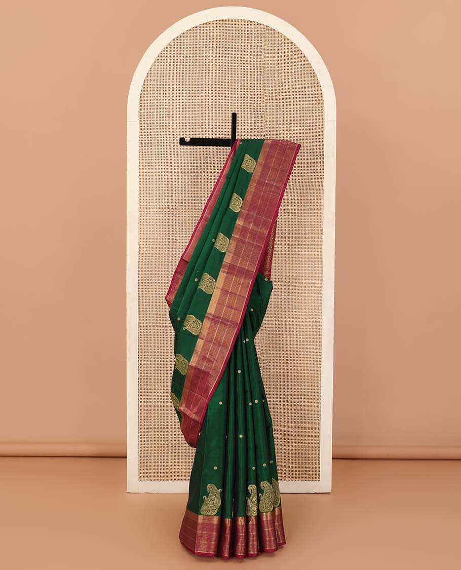 Green zari buttas and manga buttas Vasundhara silk mix saree, contrast zari striped border, and jaal pallu