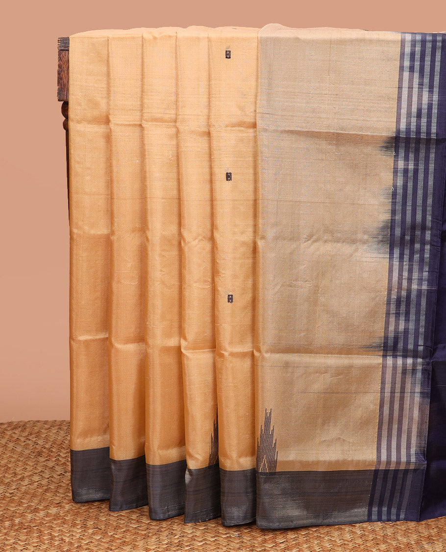 Sandal Banana Pith Saree, Lightly Embellished with Temple Buttas All Over Its Body, Complemented by a Contrast Border, Pallu Depicting Buttas, and Paired with a Contrast Blouse