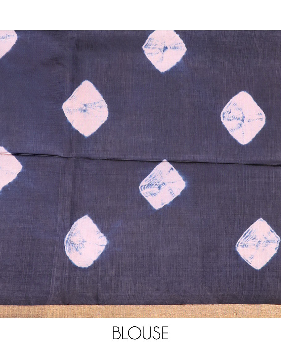 Blue shibori printed banana pith saree, zari piping border, and shibori printed pallu