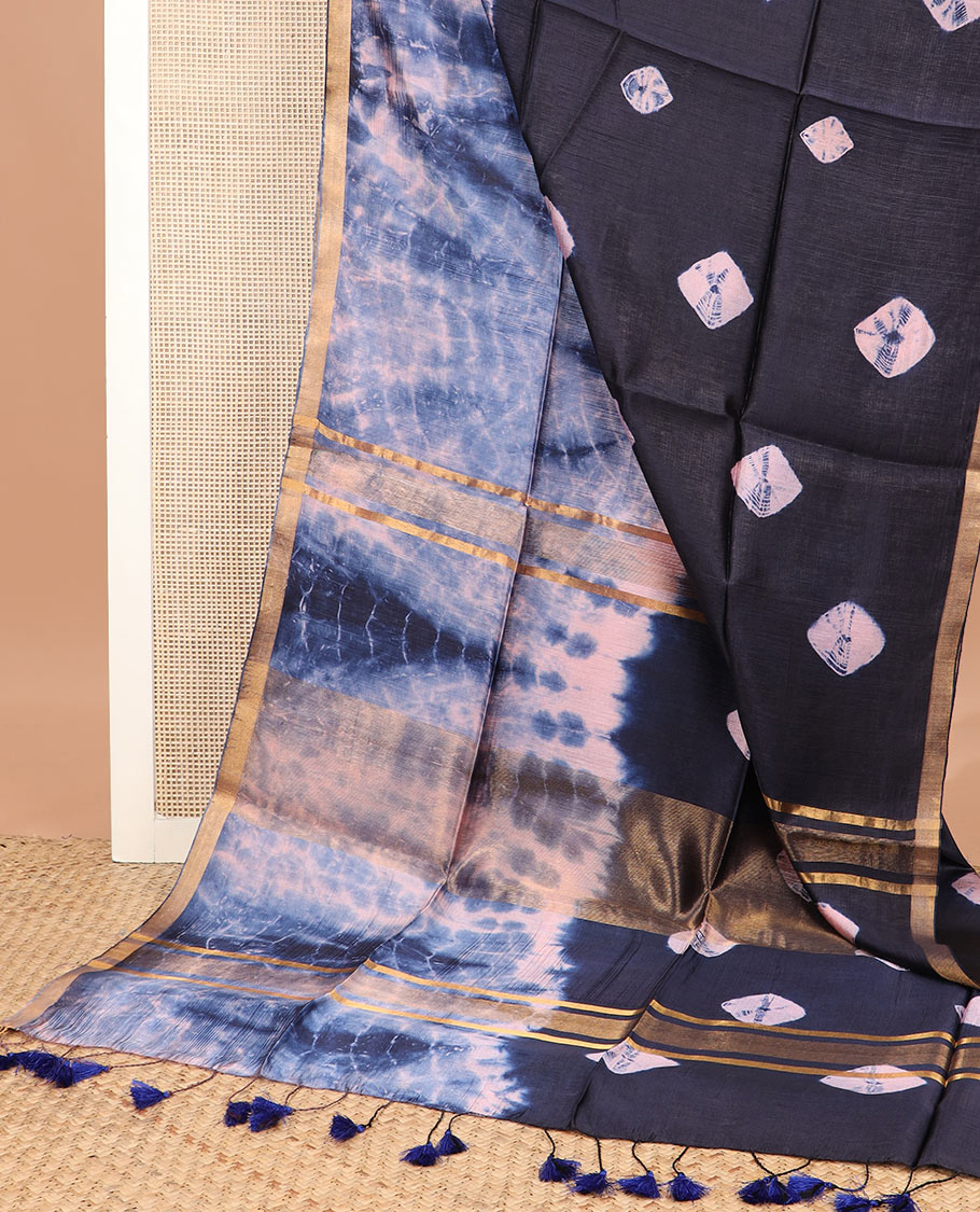 Blue shibori printed banana pith saree, zari piping border, and shibori printed pallu