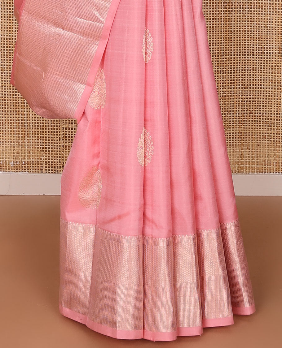 Pink silk saree with zari buttas, zari border of rekku, muthu & kathir design & jaal pallu