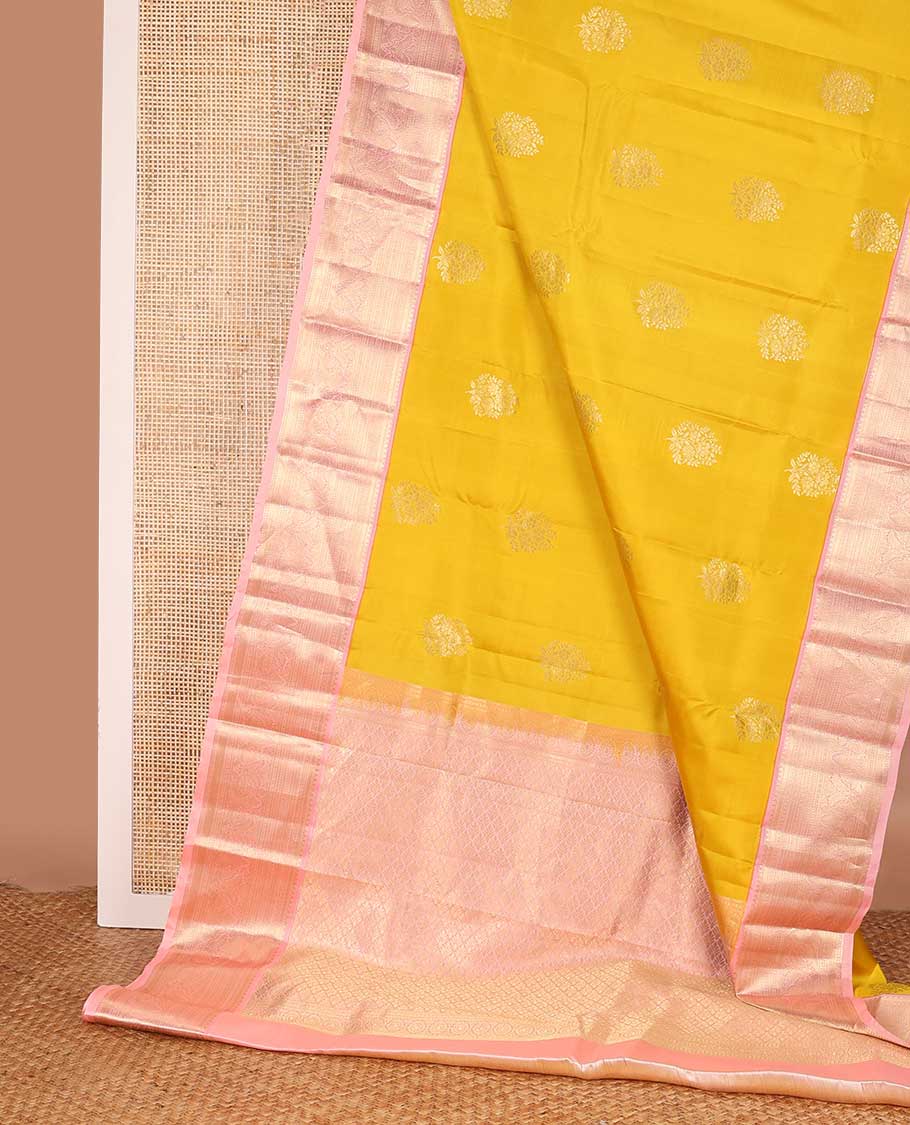 Mango yellow zari buttas silk saree, contrast traditional zari border, and pallu of jaal design