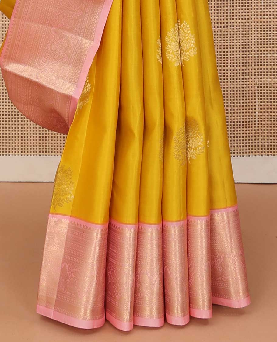Mango yellow zari buttas silk saree, contrast traditional zari border, and pallu of jaal design