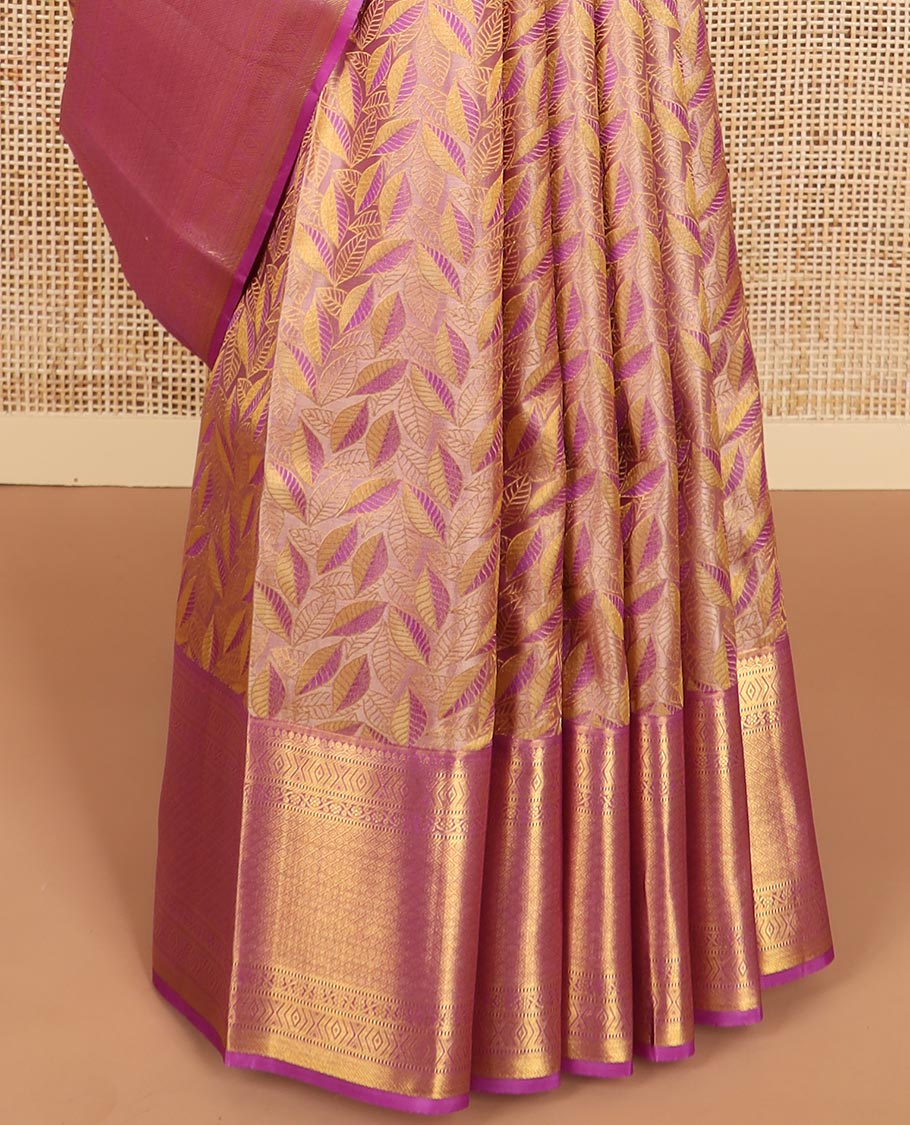 Sandal leaf design kancheepuram silk saree with contrast border of intricate zari design & floral design pallu