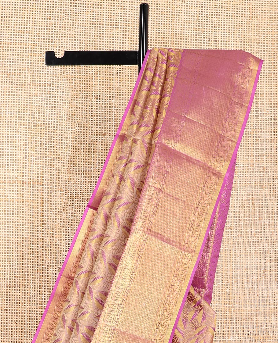 Sandal leaf design kancheepuram silk saree with contrast border of intricate zari design & floral design pallu