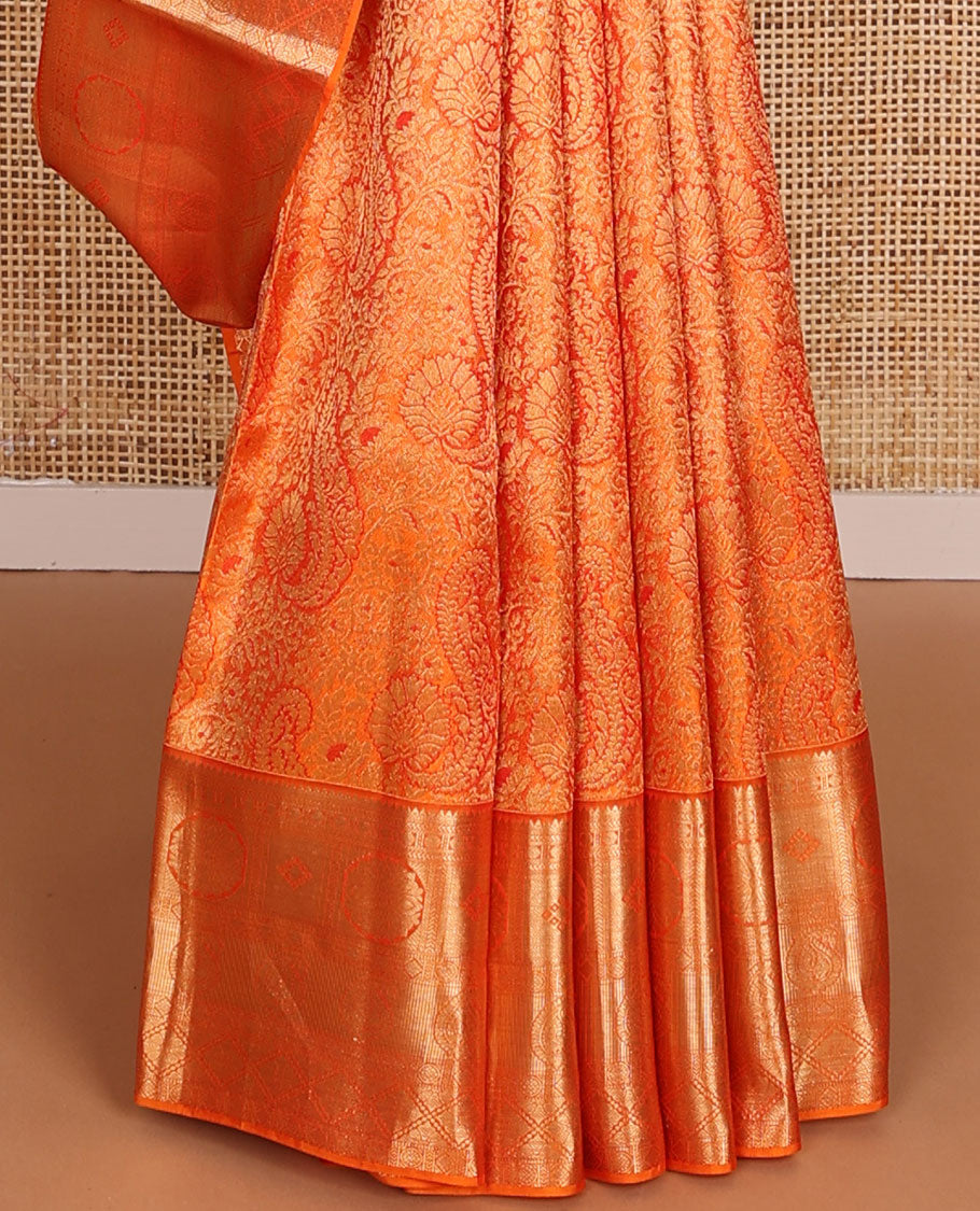 Orange jacquard wedding silk saree, zari border of rekku,kathir, chakram & manga designs & intricate pallu