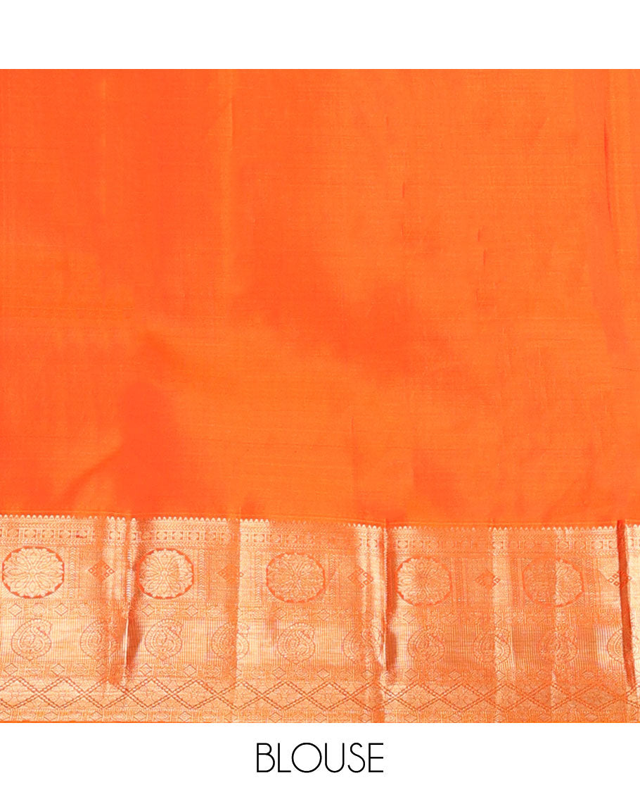 Orange jacquard wedding silk saree, zari border of rekku,kathir, chakram & manga designs & intricate pallu