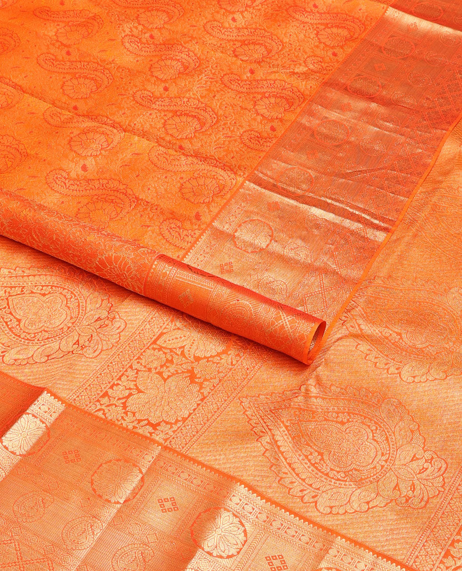 Orange jacquard wedding silk saree, zari border of rekku,kathir, chakram & manga designs & intricate pallu