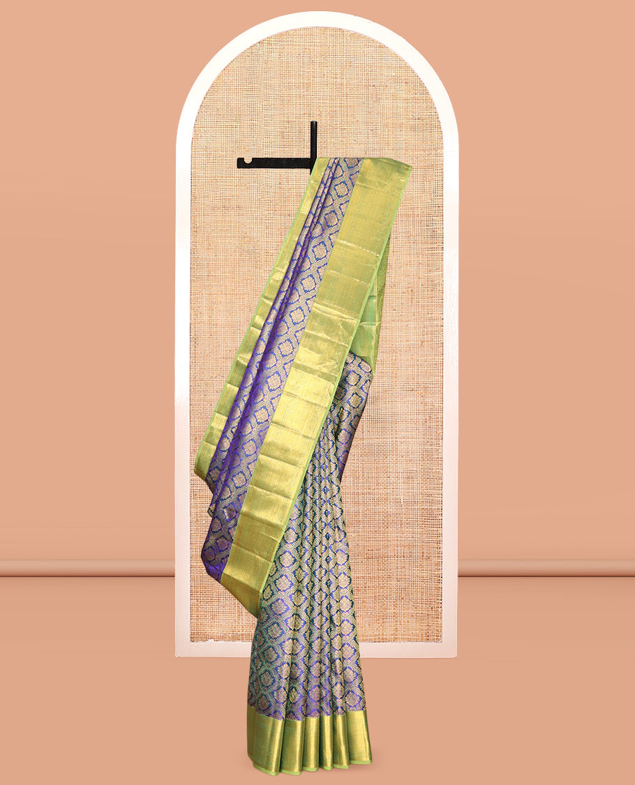 Blue Kanchipuram Wedding Silk Saree, Opulently Embellished with Jacquard Design, a Contrast Border of Traditional Designs, Grand Pallu, and a Contrast Blouse