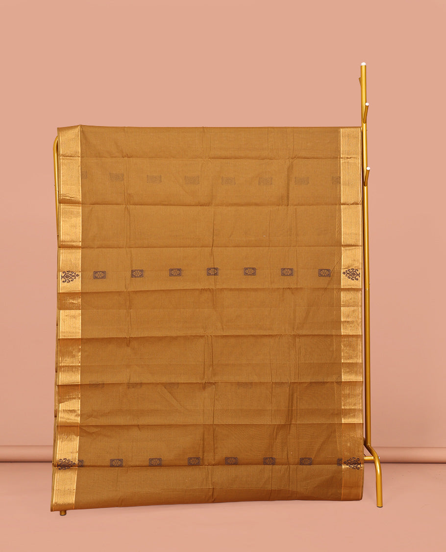 Mustard Kanchi Cotton Saree, Delicately Woven with Buttas on Its Body, a Subtle Self-Border, Pallu of Geometric Designs, and Paired with a Matching Blouse