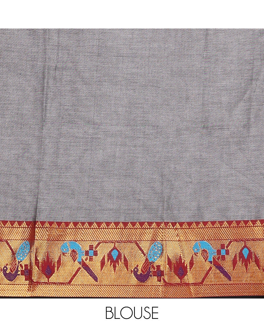 Grey cotton half-saree, plain with contrast paithani style bordered skirt, matching blouse, and contrast temple border dhavani