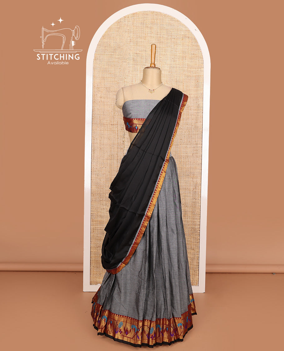 Grey cotton half-saree, plain with contrast paithani style bordered skirt, matching blouse, and contrast temple border dhavani
