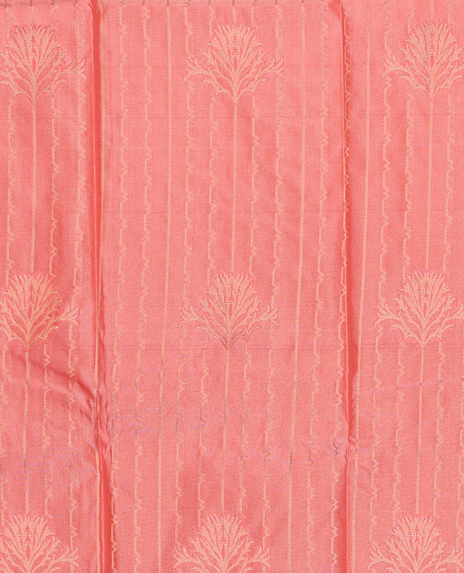 Peach art silk pavadai set, zari design with contrast traditional zari bordered skirt and a contrast zari design blouse