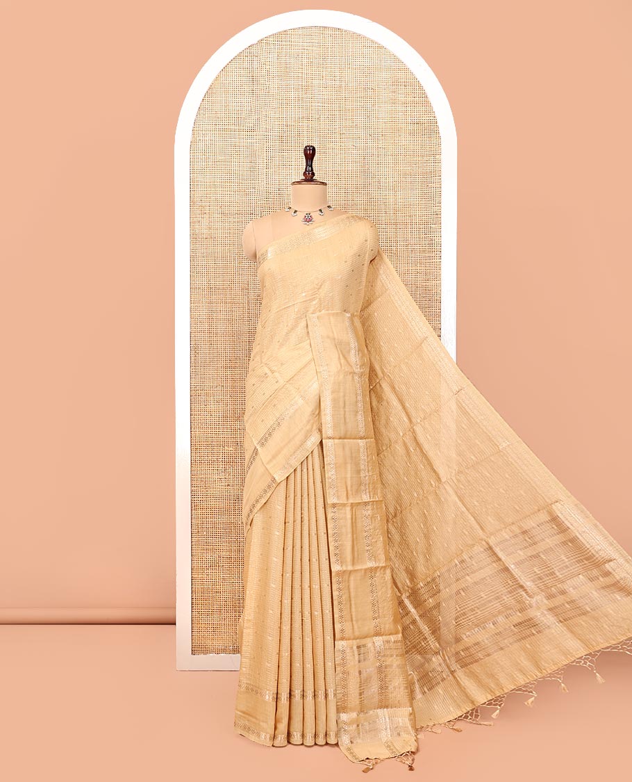 Sandal Assam Silk Saree, Sparsely Woven with Buttas and Stripes, Highlighted by Traditional Zari Border, Zari-Striped Pallu, and a Contrast Blouse