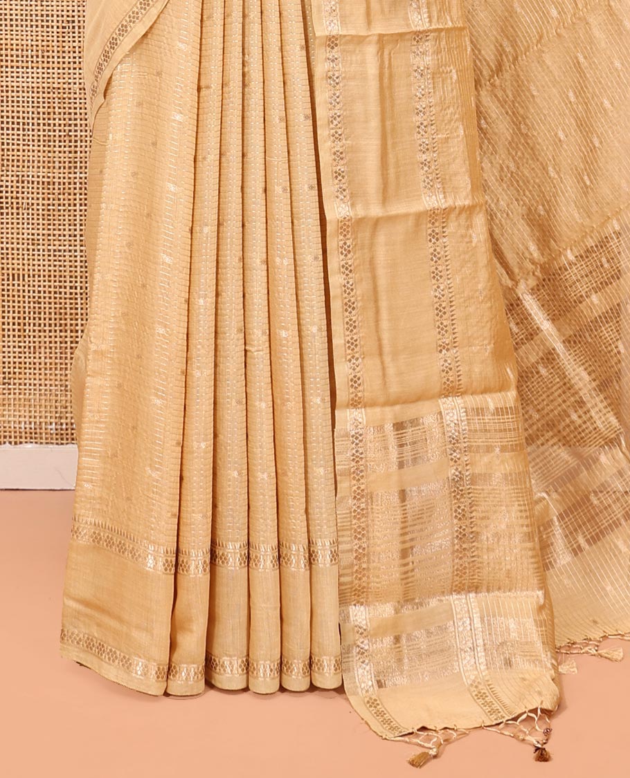 Sandal Assam Silk Saree, Sparsely Woven with Buttas and Stripes, Highlighted by Traditional Zari Border, Zari-Striped Pallu, and a Contrast Blouse