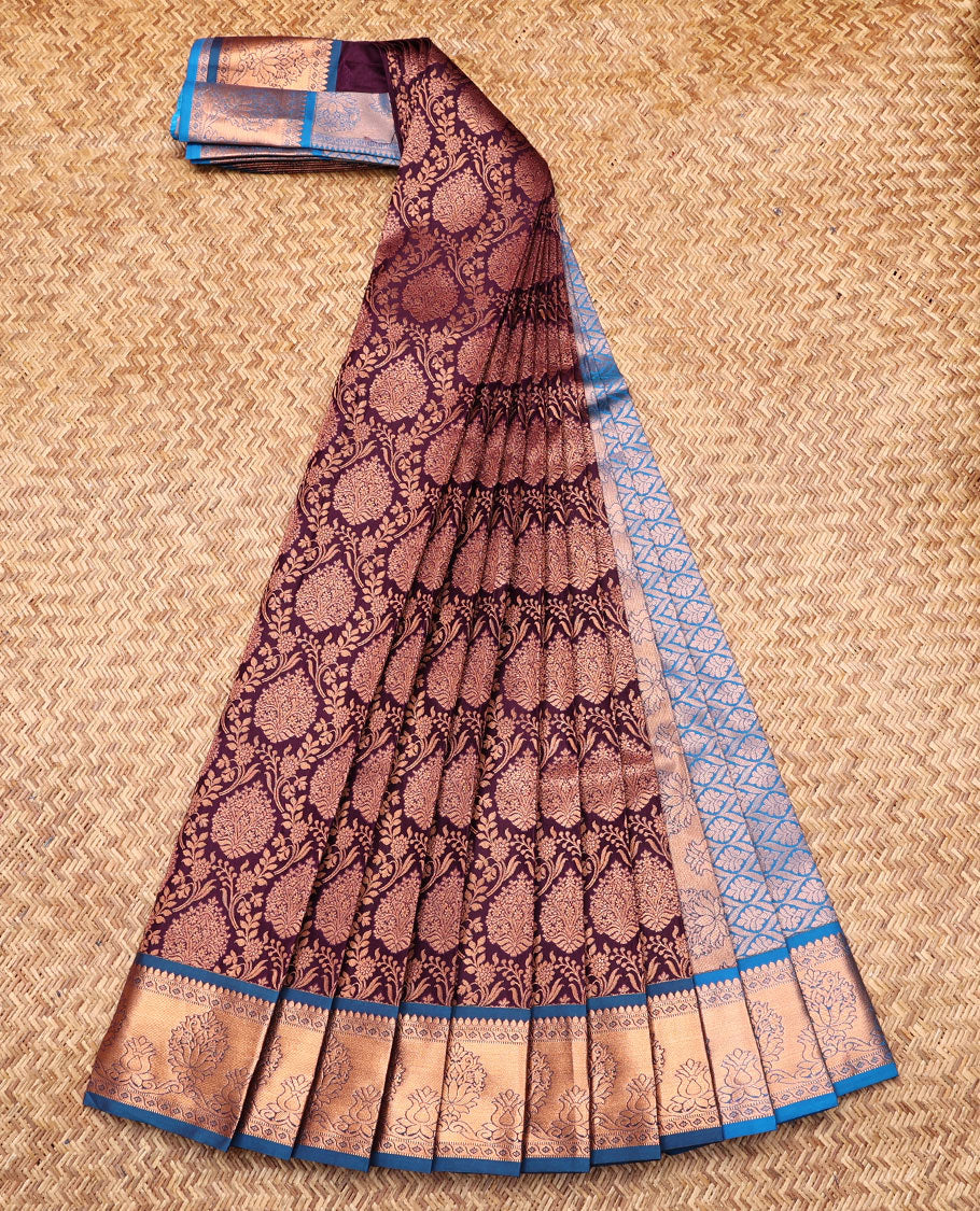 Brown Budget Silk Saree, Accentuated with Jacquard Design, Contrast Traditional Zari Border, Grand Jaal Pallu, and a Contrast Blouse