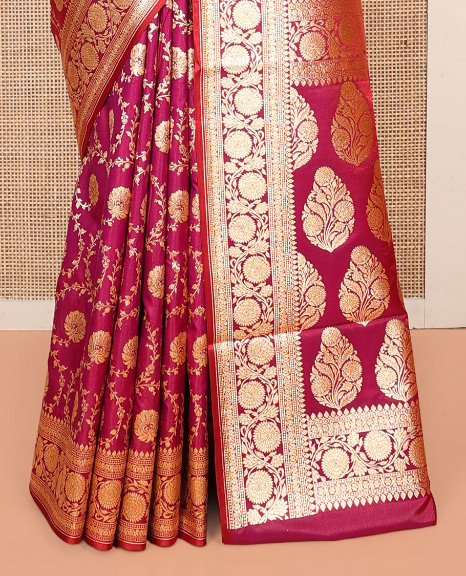 Magenta Banarasi Nylon Saree, Dazzled with Jacquard, a Floral Creeper Zari Border, Intricate Pallu, and a Matching Blouse