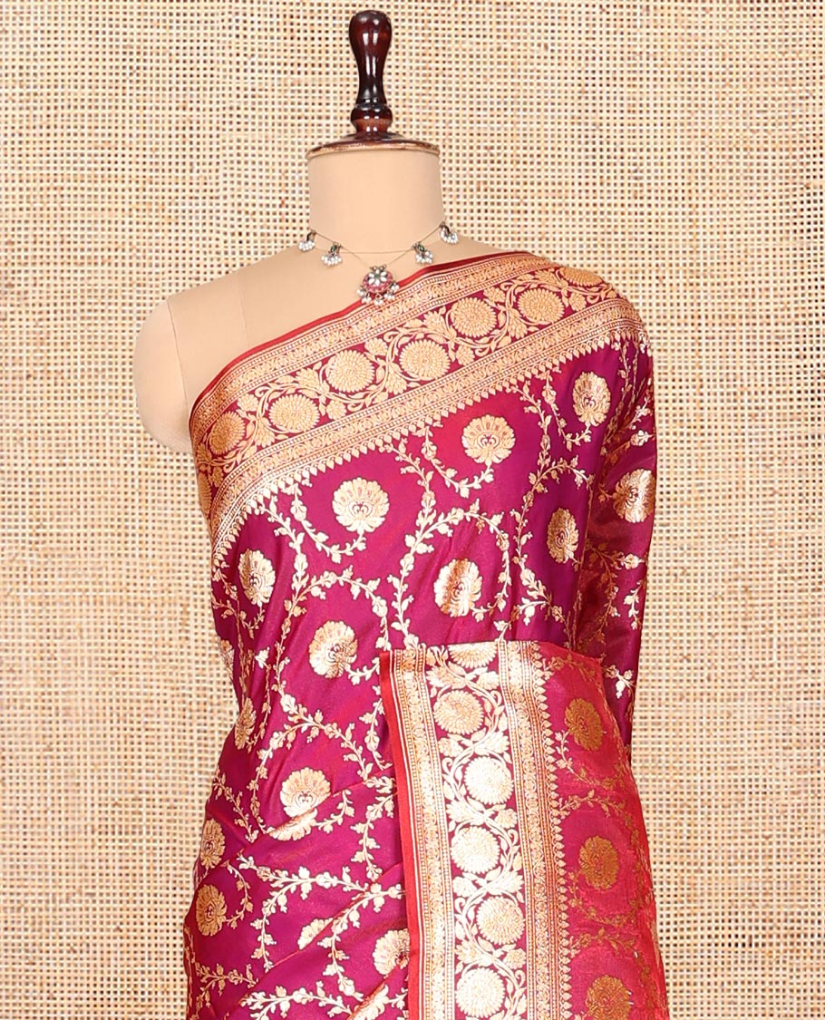Magenta Banarasi Nylon Saree, Dazzled with Jacquard, a Floral Creeper Zari Border, Intricate Pallu, and a Matching Blouse