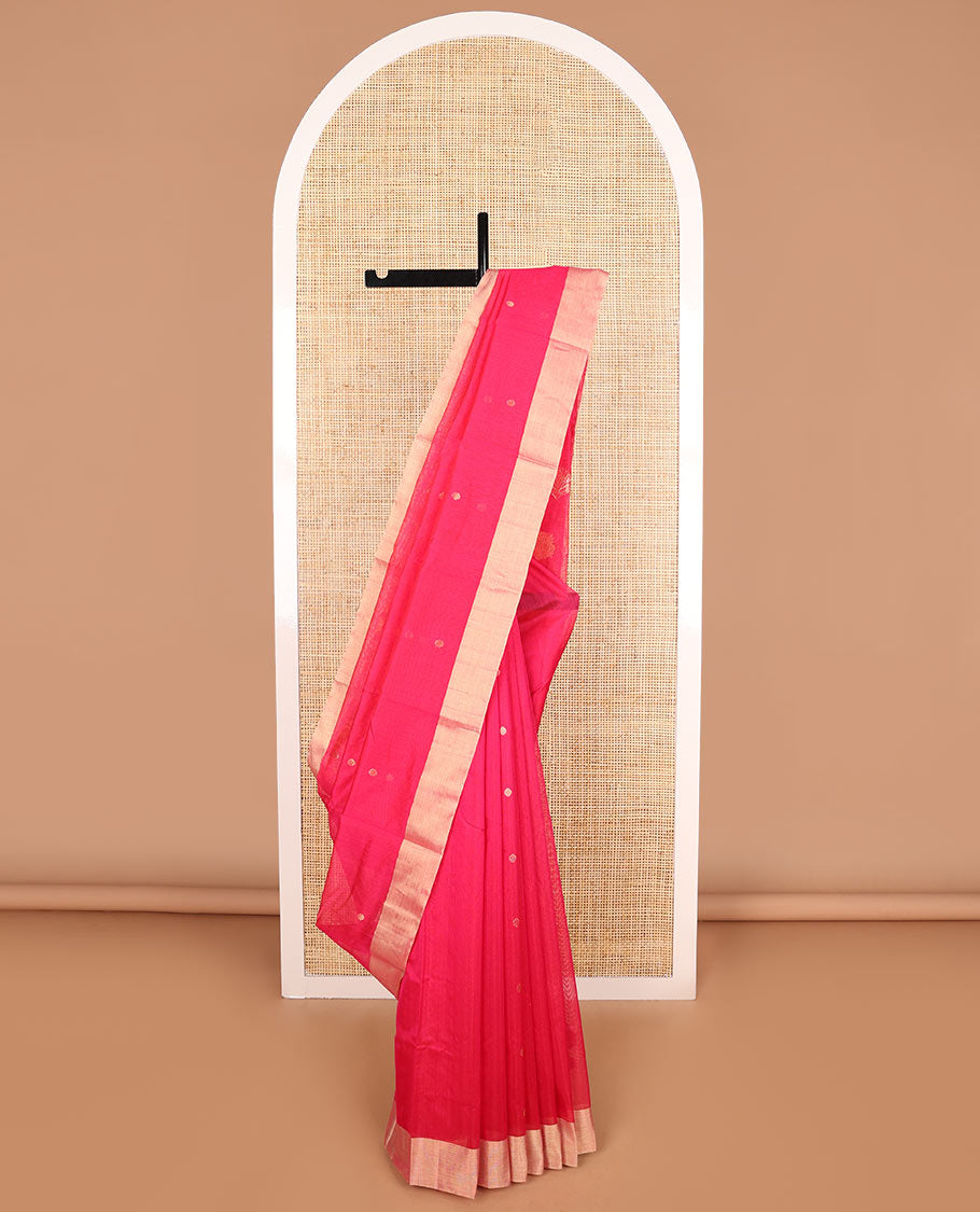 Pink motifs chanderi cotton saree with contrast zari border & striped pallu
