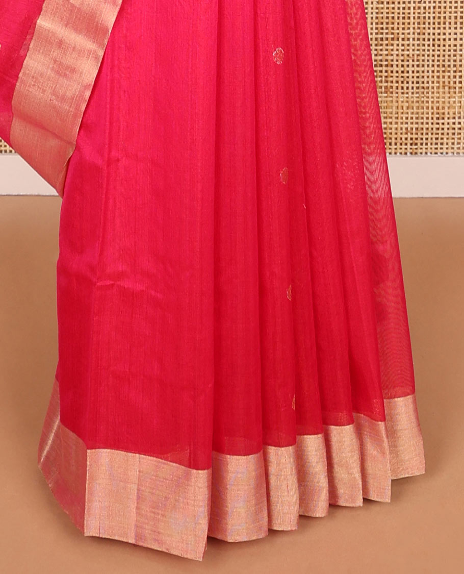 Pink motifs chanderi cotton saree with contrast zari border & striped pallu