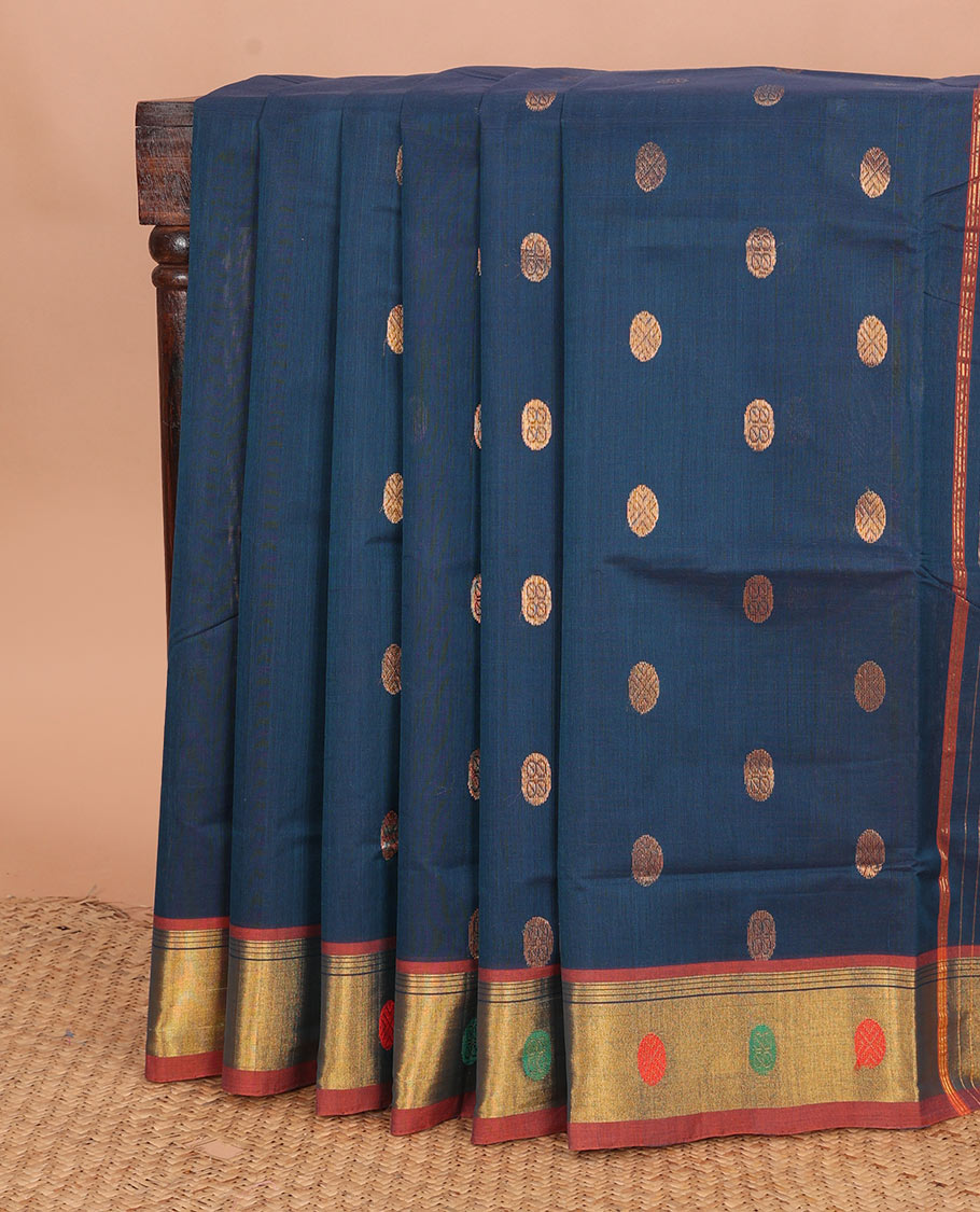 Blue chakram buttas Venkatagiri cotton saree, contrast traditional zari border, and zari striped pallu