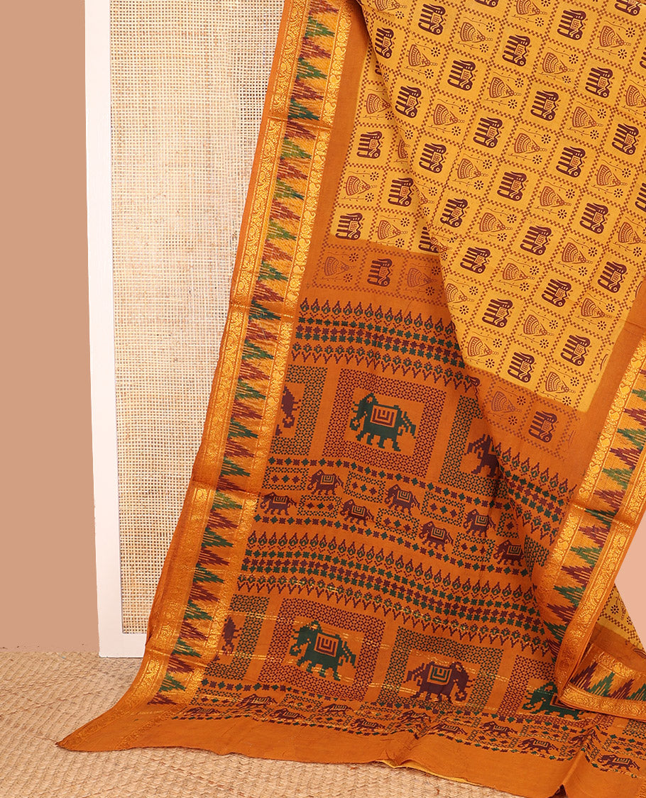 Mustrad Sungudi Cotton Saree Creatively Printed with Butta Enclosed Checks, Highlighted by Contrast Zari and Print Work Temple Border, and Pallu Printed with Patola Motifs