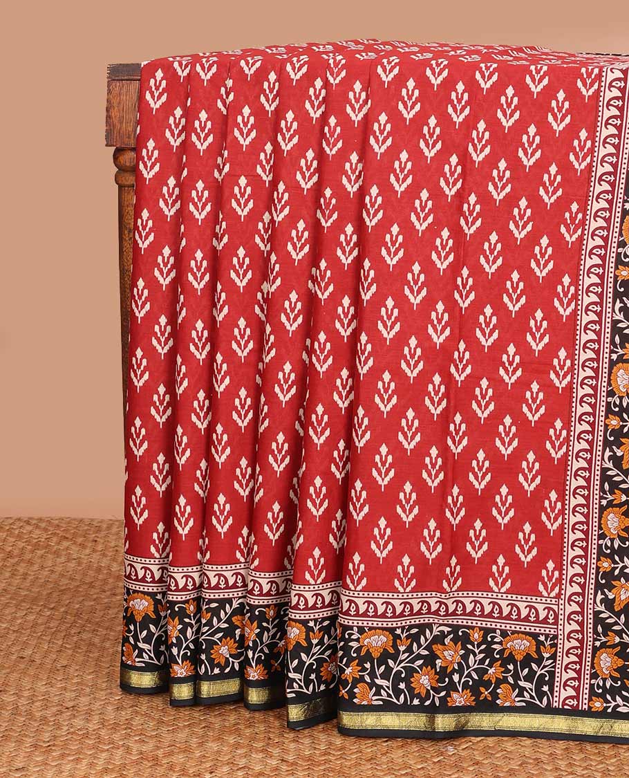 Red unique motifs printed mul mul cotton saree, contrast floral vine printed border, and pallu of floral print