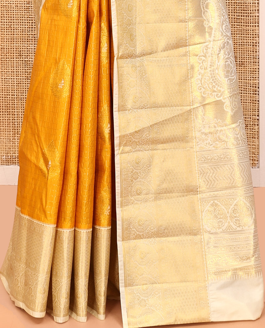 Mustard Budget Silk Saree, Mesmerized with Zari Butta and Checks, Contrast Paisley Zari Border, Grand Pallu, and a Contrast Blouse