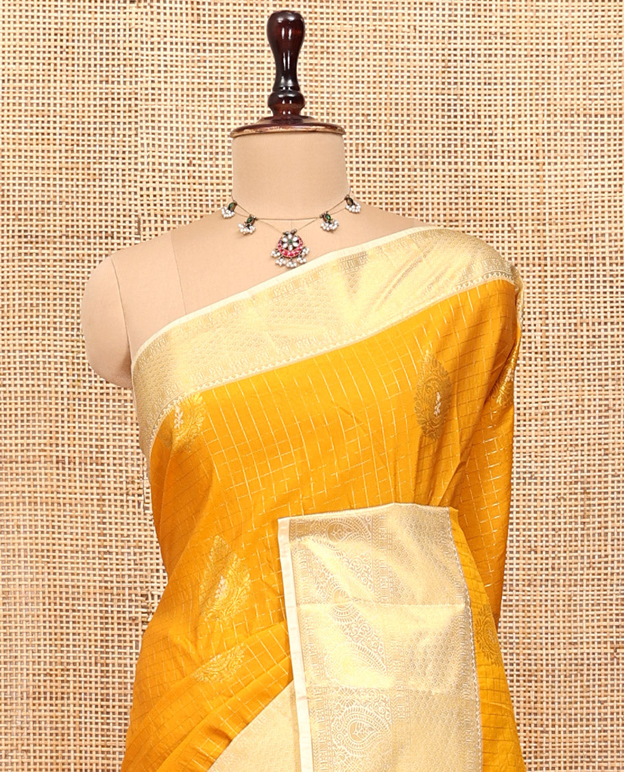 Mustard Budget Silk Saree, Mesmerized with Zari Butta and Checks, Contrast Paisley Zari Border, Grand Pallu, and a Contrast Blouse