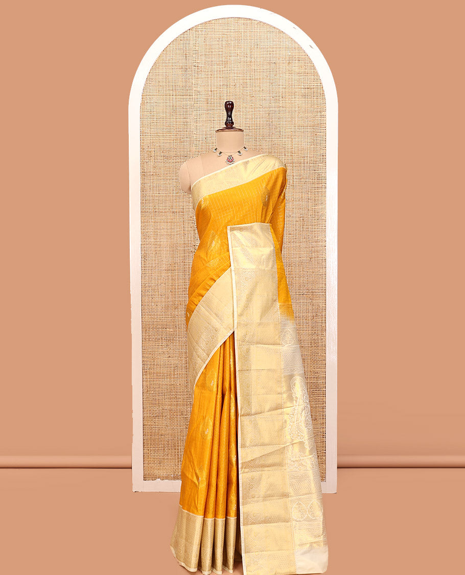 Mustard Budget Silk Saree, Mesmerized with Zari Butta and Checks, Contrast Paisley Zari Border, Grand Pallu, and a Contrast Blouse