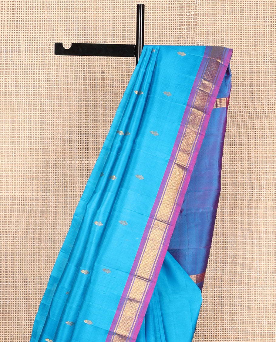 Blue zari buttas Kanchipuram silksaree, contrast one-sided border of banaras & jaal design & zari design pallu