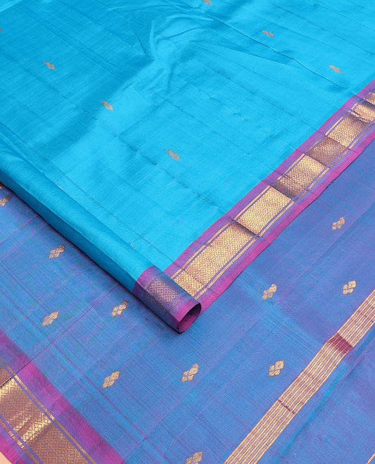 Blue zari buttas Kanchipuram silksaree, contrast one-sided border of banaras & jaal design & zari design pallu