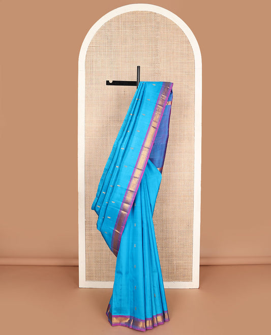 Blue zari buttas Kanchipuram silksaree, contrast one-sided border of banaras & jaal design & zari design pallu
