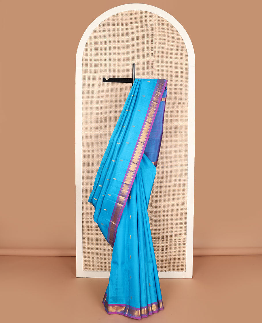 Blue zari buttas Kanchipuram silksaree, contrast one-sided border of banaras & jaal design & zari design pallu