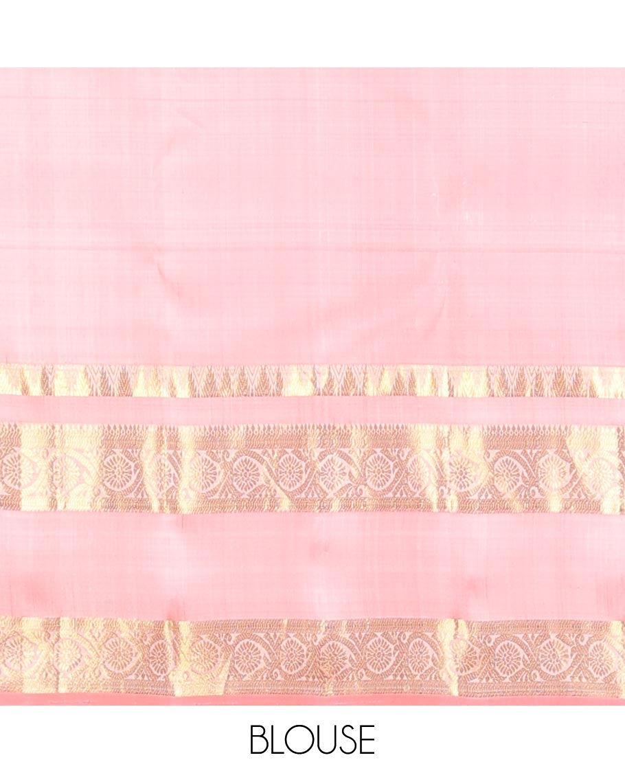 Blue mayil chakram buttas Kanchipuram silk saree, contrast rettai pettu border of thazampoo rekku, and kodi visiry, and paai madi pallu