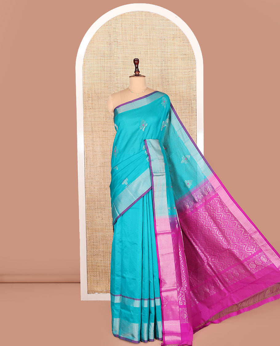 Blue Kuppadam Cotton Saree, Adorned with Meena Buttas All Over Its Body, Complemented by a Bavanji Border, Captivating Contrast Pallu of Ogee Patterns, and Paired with a Contrast Blouse