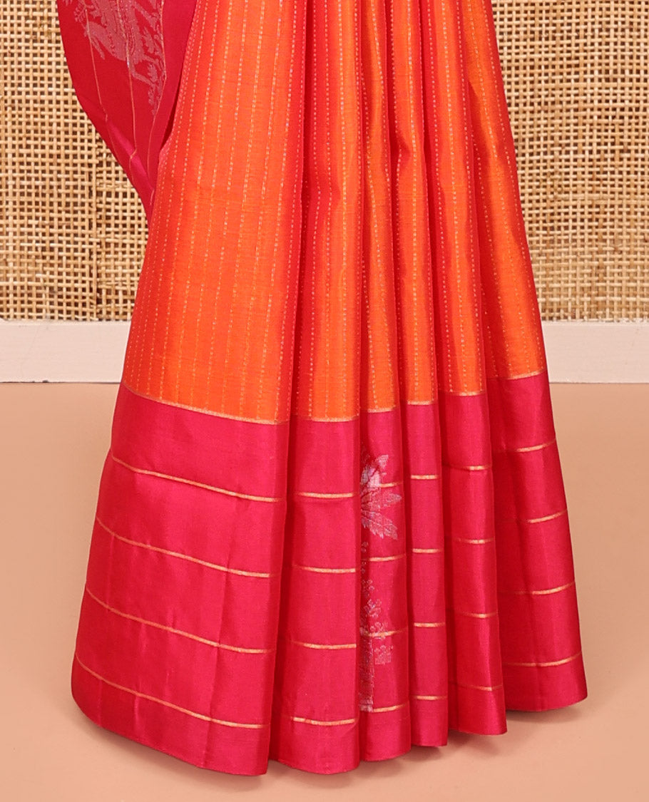 Orange Mayuri Lite Silk Mix Saree, Subtly Woven with Muthu Stripes on Its Body, Complemented by a Contrast Border of Human Figurines, Intricately Designed Pallu, and Paired with a Contrast Blouse