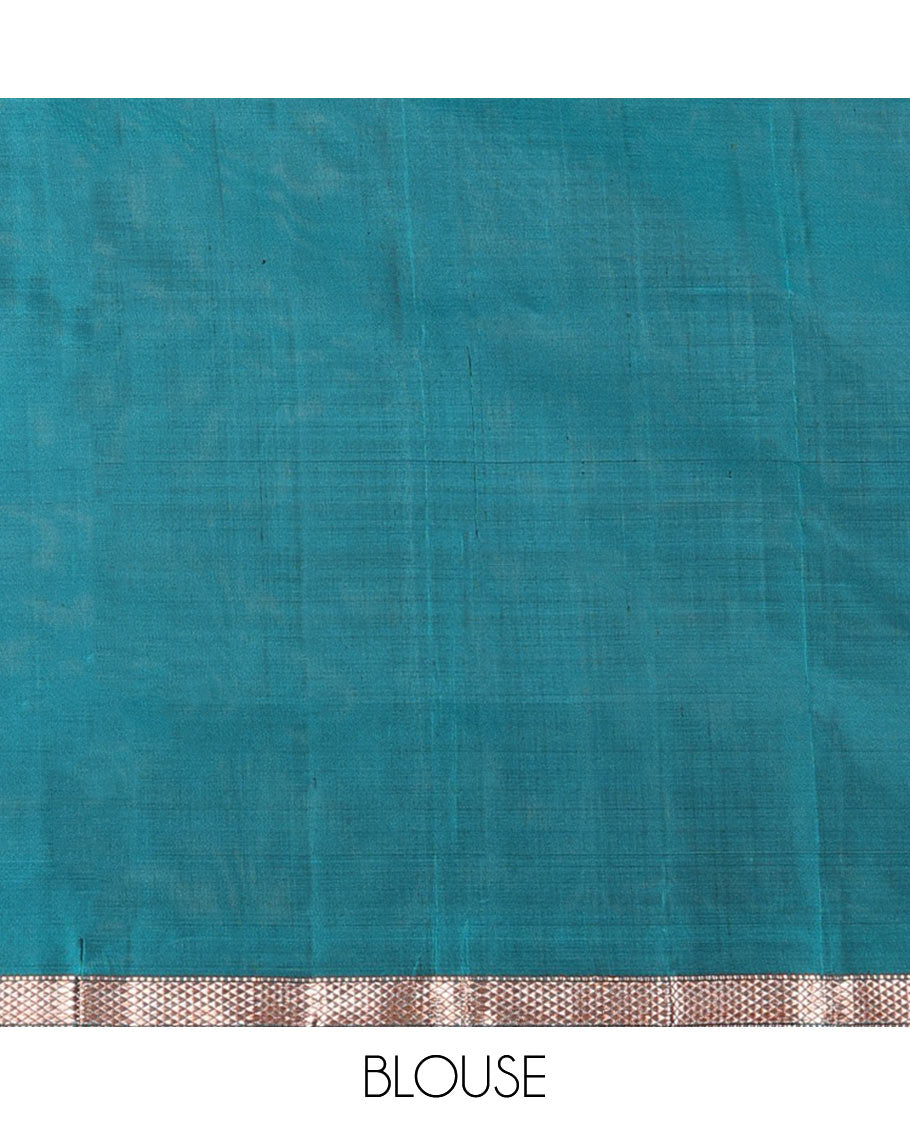 Olive green bird and floral buttas zari woven soft silk saree, contrast kuyil kann border, and jaal pallu