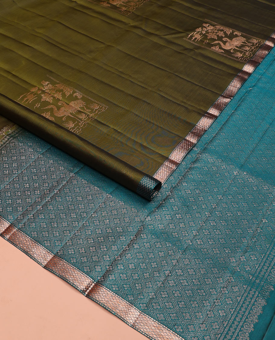 Olive green bird and floral buttas zari woven soft silk saree, contrast kuyil kann border, and jaal pallu
