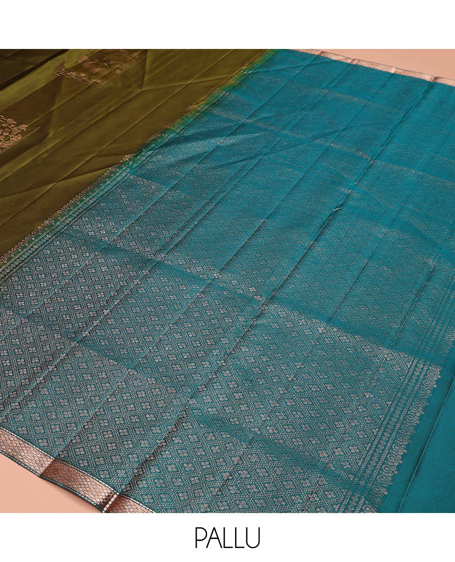 Olive green bird and floral buttas zari woven soft silk saree, contrast kuyil kann border, and jaal pallu
