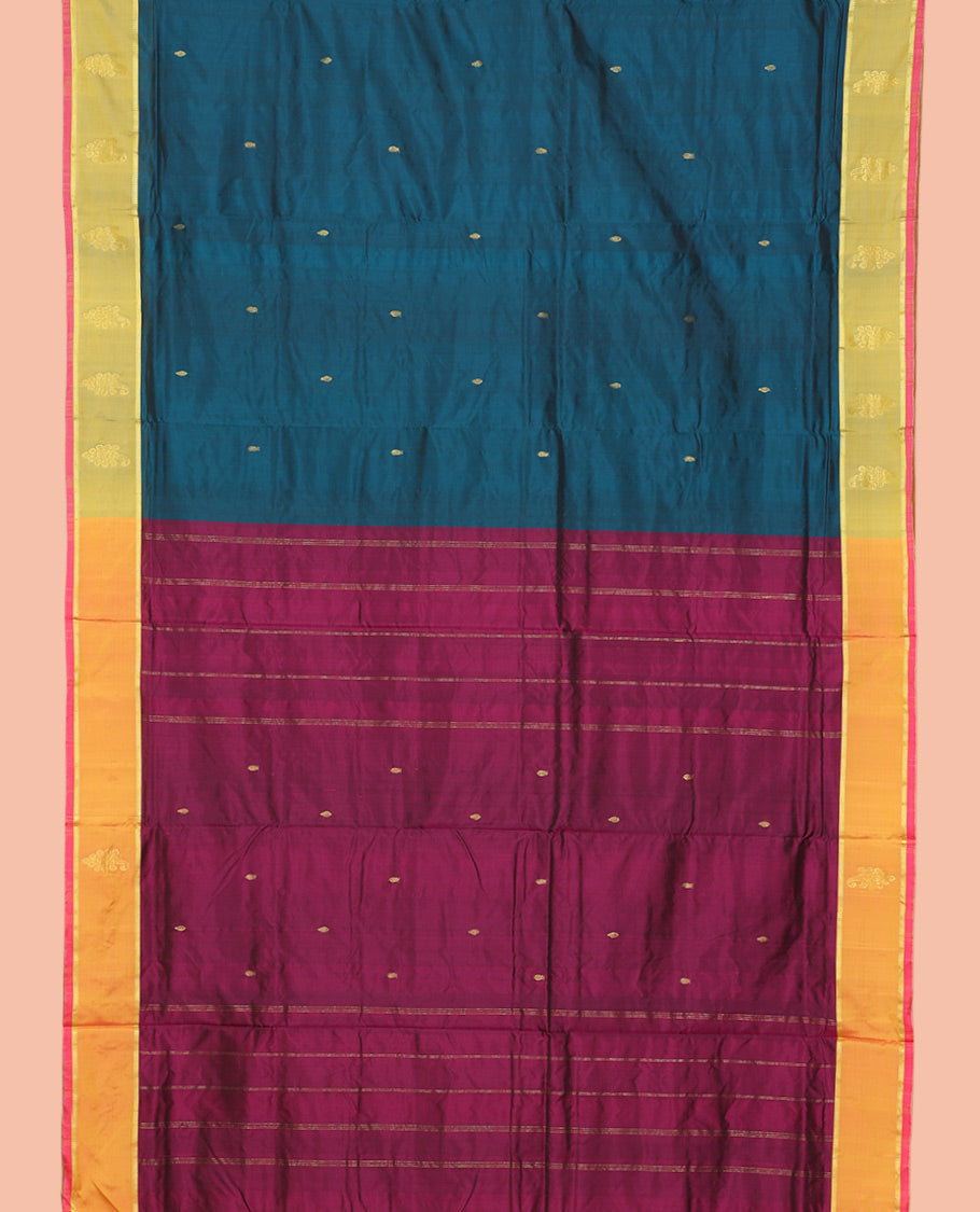 Blue Zari Buttas Ten Yard Saree, Complemented by a Contrast Border, Self-Pallu of Buttas and Stripes, and No Blouse