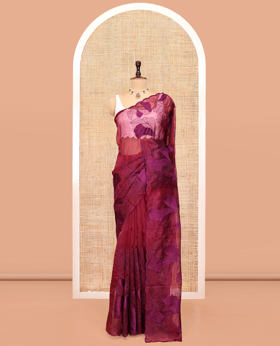 Magenta Organza Saree, Masterfully Woven with Floral Thread Embroidery, a Scalloped Border, and a Matching Blouse