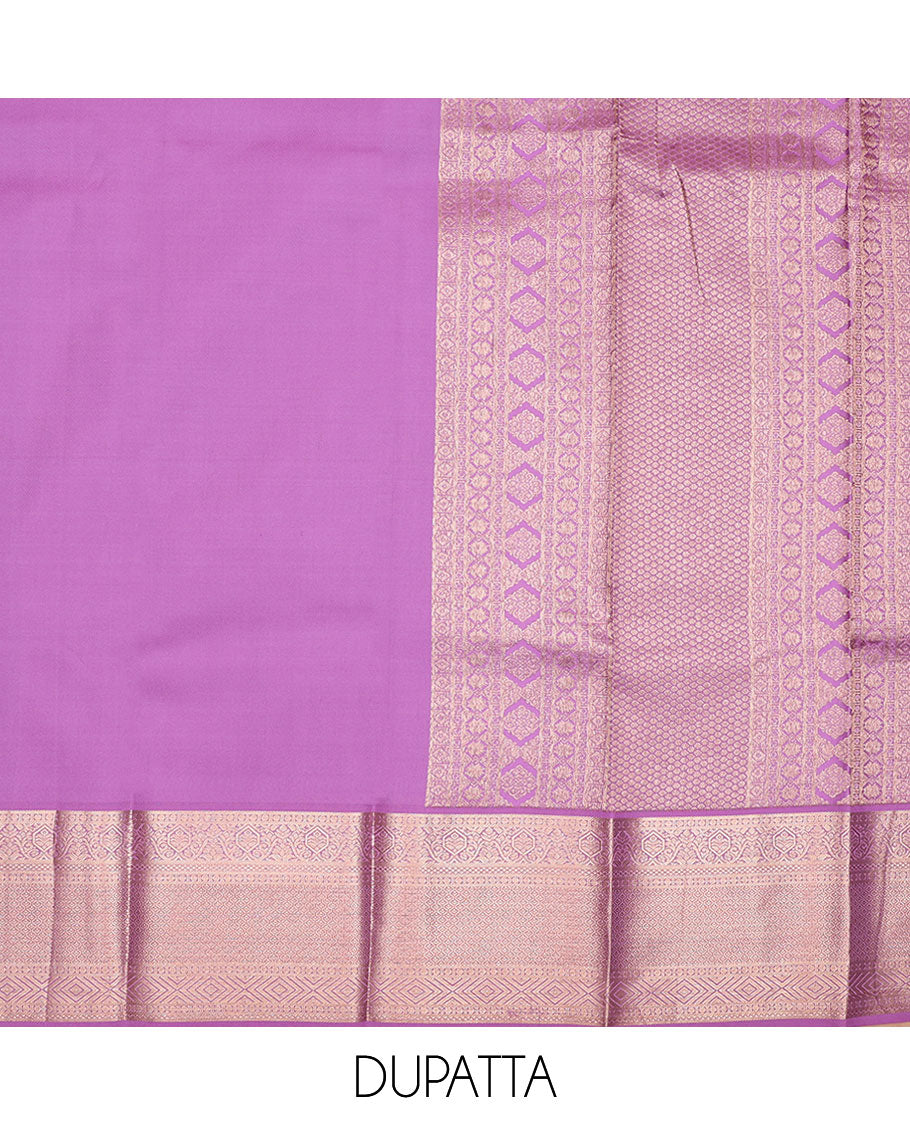 Pink pure-silk half-saree, jacquard skirt, contrast blouse, and border of rekku, poun, floral, kuyil kann, diamond, and then kuli kann designs, and intricate dhavani