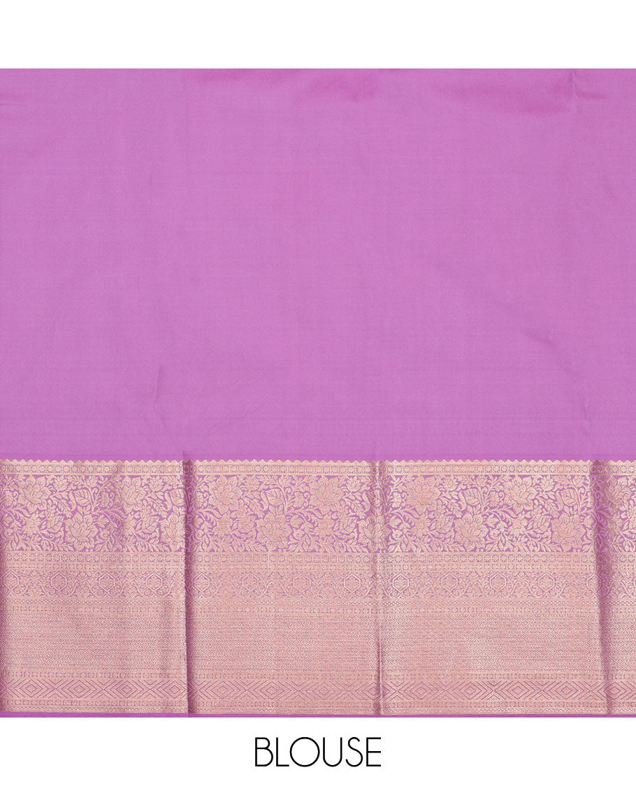 Pink pure-silk half-saree, jacquard skirt, contrast blouse, and border of rekku, poun, floral, kuyil kann, diamond, and then kuli kann designs, and intricate dhavani