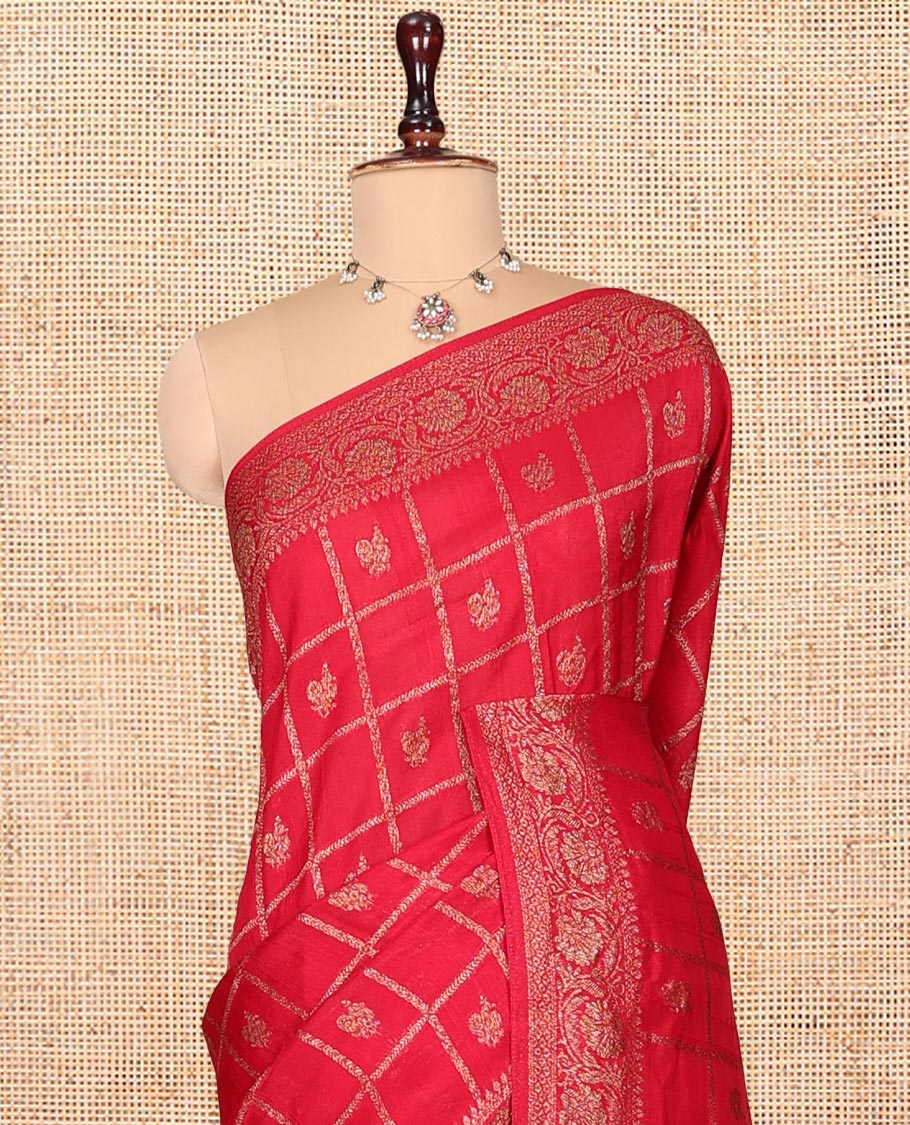 Red Matka Silk Saree, Prettified with Peacock Butta Enclosed Checks on Its Body, Highlighted by a Floral Creeper Design Border, Grand Pallu of Jaal Designs, and Paired with a Matching Blouse