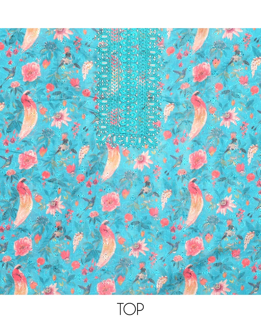 Blue material churidar set, floral-bird print, cut work and neck embroidered cotton top, plain cotton bottom, and sequins striped chanderi dupatta