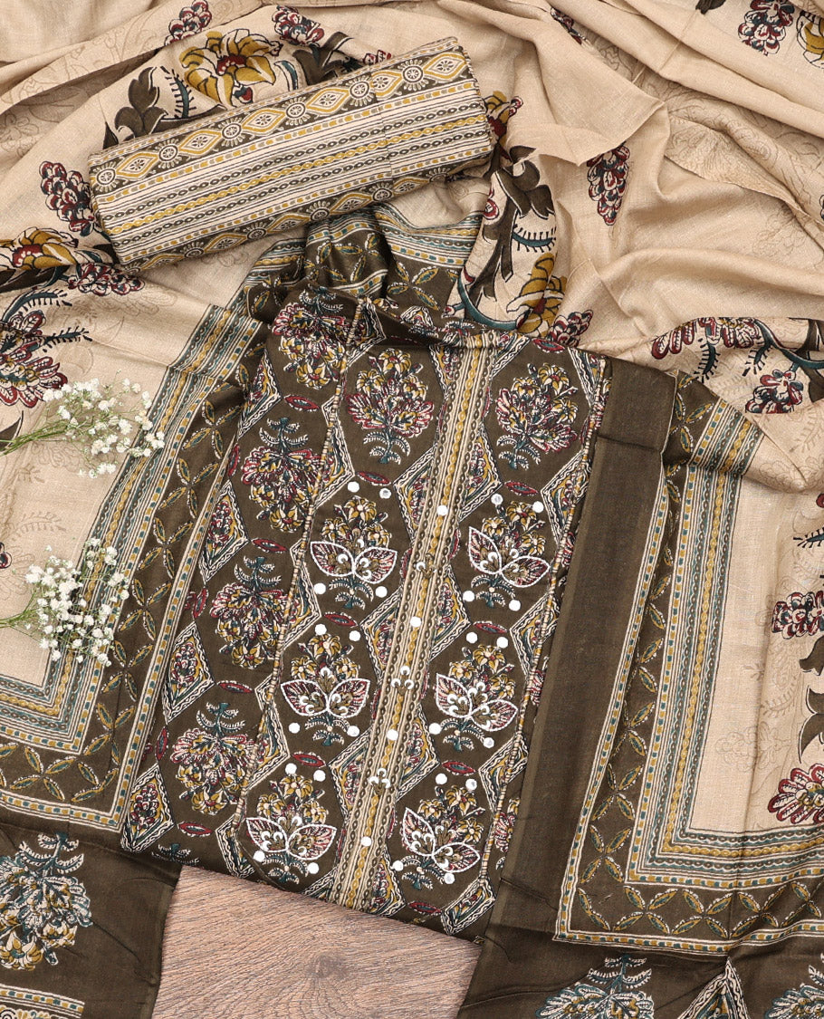 Green Cotton Material Chudidar Set, Elevated with Intricate Motifs Print, and Embroidery on Its Cotton Top, a Geometric Printed Cotton Bottom, and Paired with Printed Cotton Dupatta