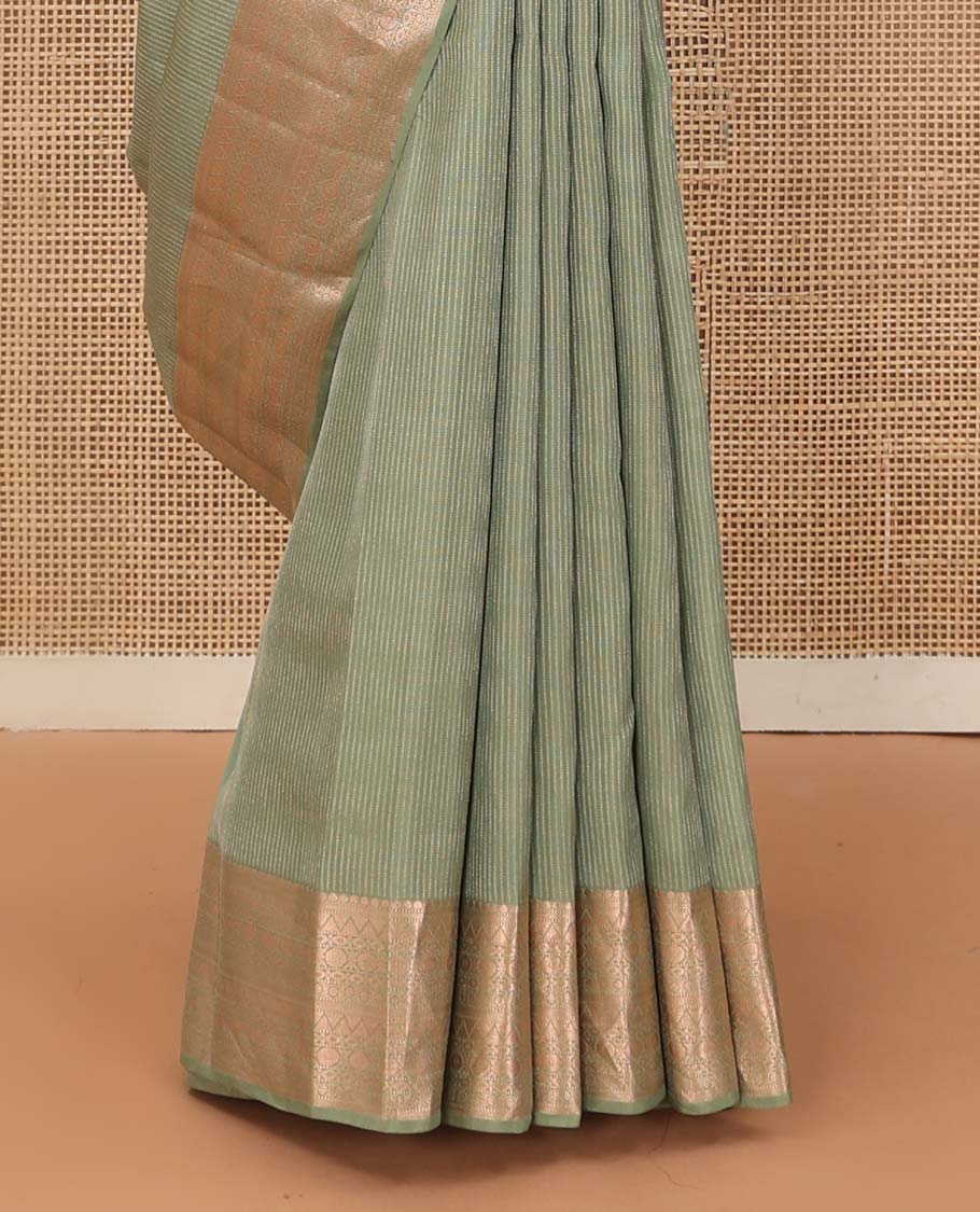 Green zari stripes Vasundhara silk mix saree, traditional zari design border, and intricate pallu
